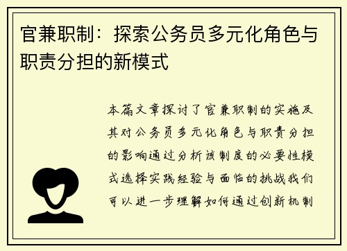 官兼职制：探索公务员多元化角色与职责分担的新模式
