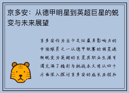 京多安：从德甲明星到英超巨星的蜕变与未来展望