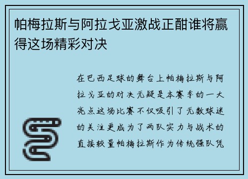 帕梅拉斯与阿拉戈亚激战正酣谁将赢得这场精彩对决