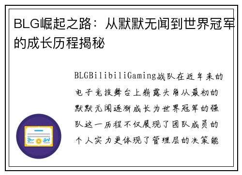 BLG崛起之路：从默默无闻到世界冠军的成长历程揭秘