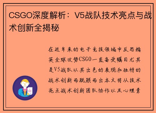 CSGO深度解析：V5战队技术亮点与战术创新全揭秘