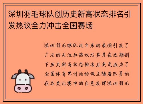 深圳羽毛球队创历史新高状态排名引发热议全力冲击全国赛场