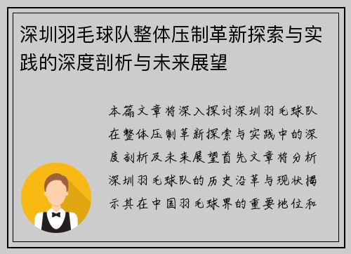 深圳羽毛球队整体压制革新探索与实践的深度剖析与未来展望