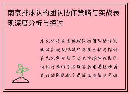 南京排球队的团队协作策略与实战表现深度分析与探讨