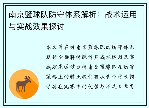 南京篮球队防守体系解析：战术运用与实战效果探讨