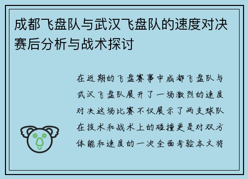 成都飞盘队与武汉飞盘队的速度对决赛后分析与战术探讨