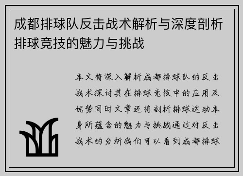 成都排球队反击战术解析与深度剖析排球竞技的魅力与挑战