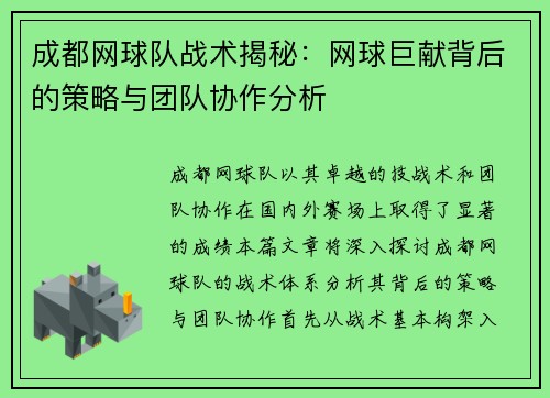 成都网球队战术揭秘：网球巨献背后的策略与团队协作分析