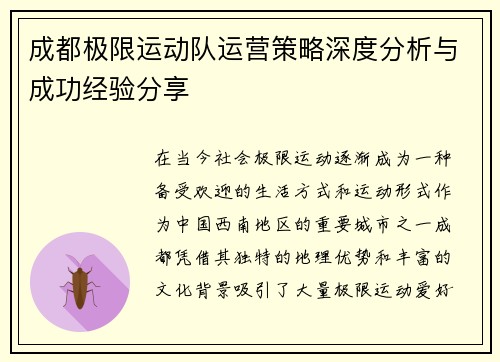 成都极限运动队运营策略深度分析与成功经验分享