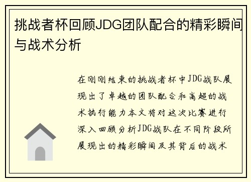 挑战者杯回顾JDG团队配合的精彩瞬间与战术分析