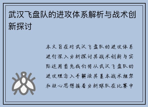 武汉飞盘队的进攻体系解析与战术创新探讨