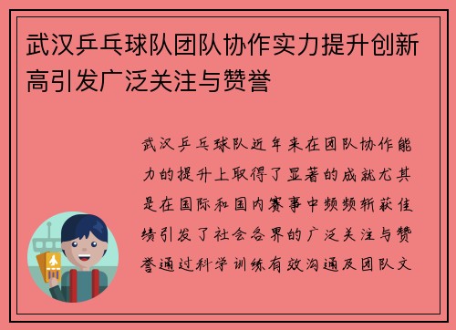 武汉乒乓球队团队协作实力提升创新高引发广泛关注与赞誉